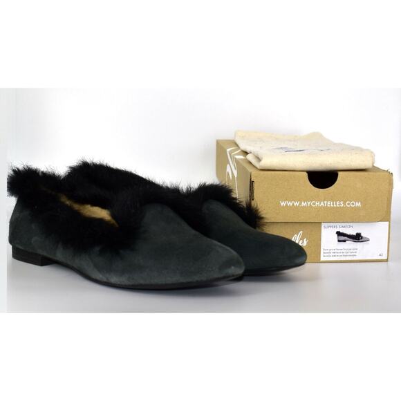 B4 Auth CHATELLES PARIS Simeon Suede W/Black Feather Trim Slippers Shoes Size 42 - Picture 1 of 5